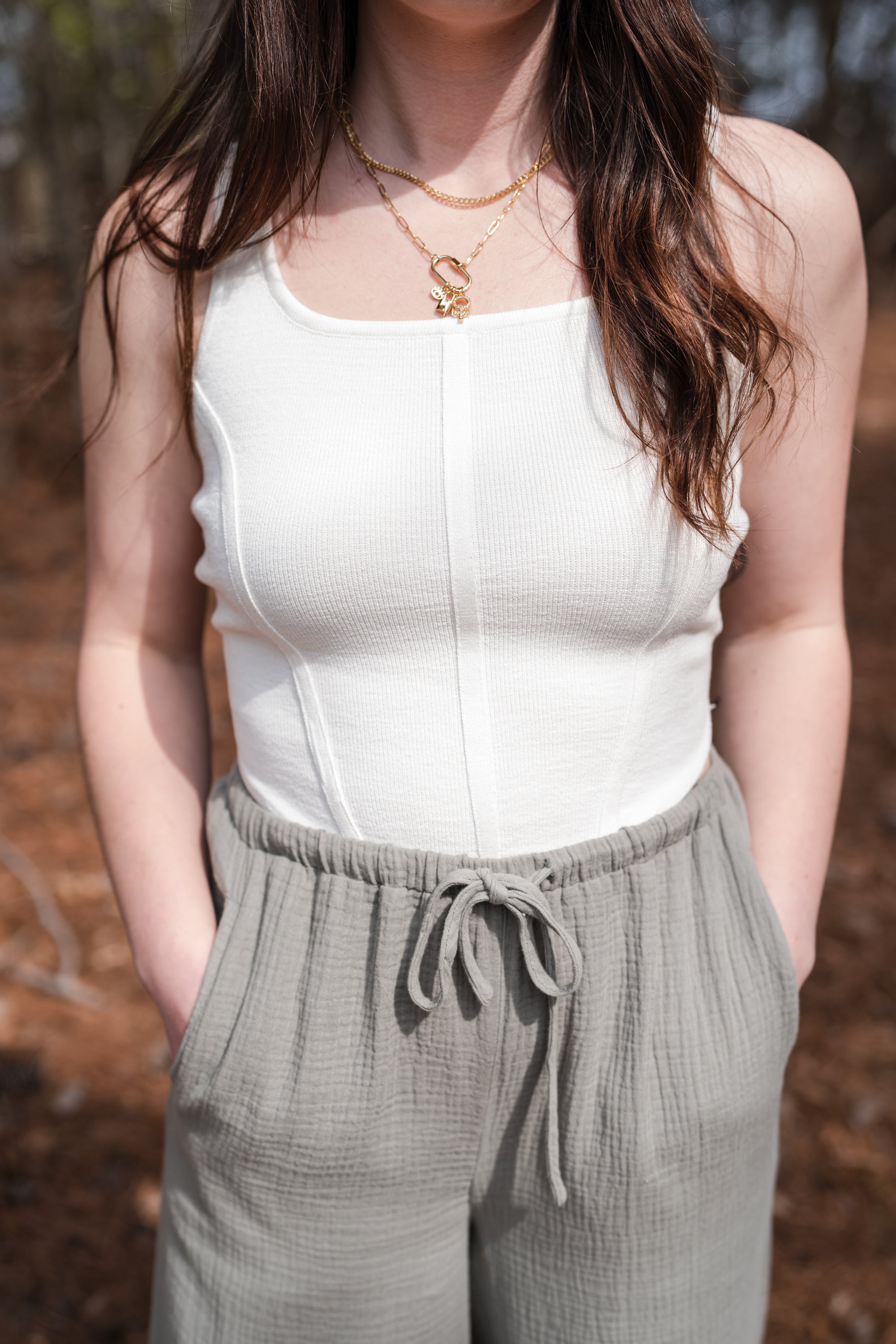 Corseted Cropped Tank Top in Off-White