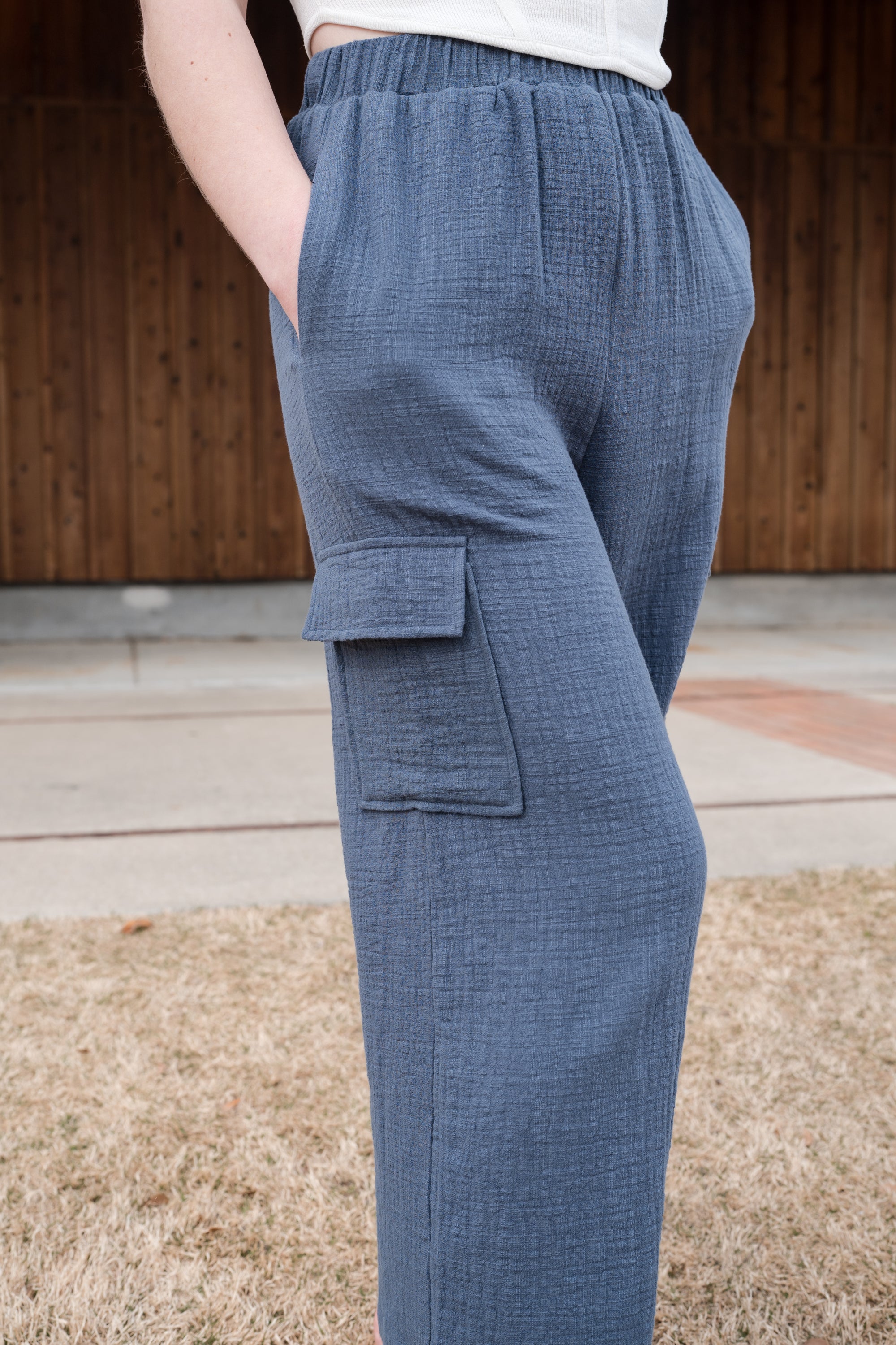 Wide Legged Gauze Bottoms With Pocket Detail