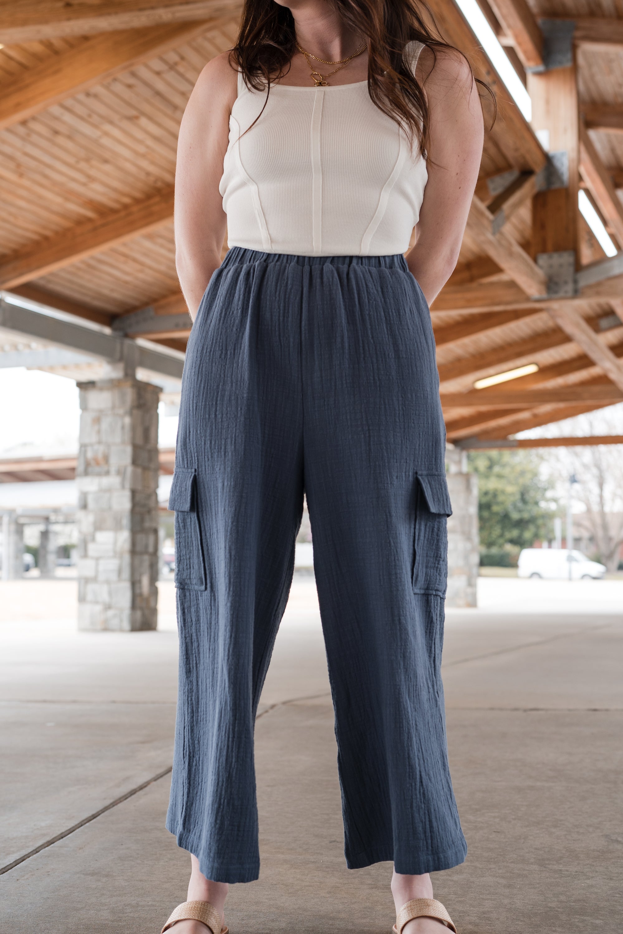 Wide Legged Gauze Bottoms With Pocket Detail