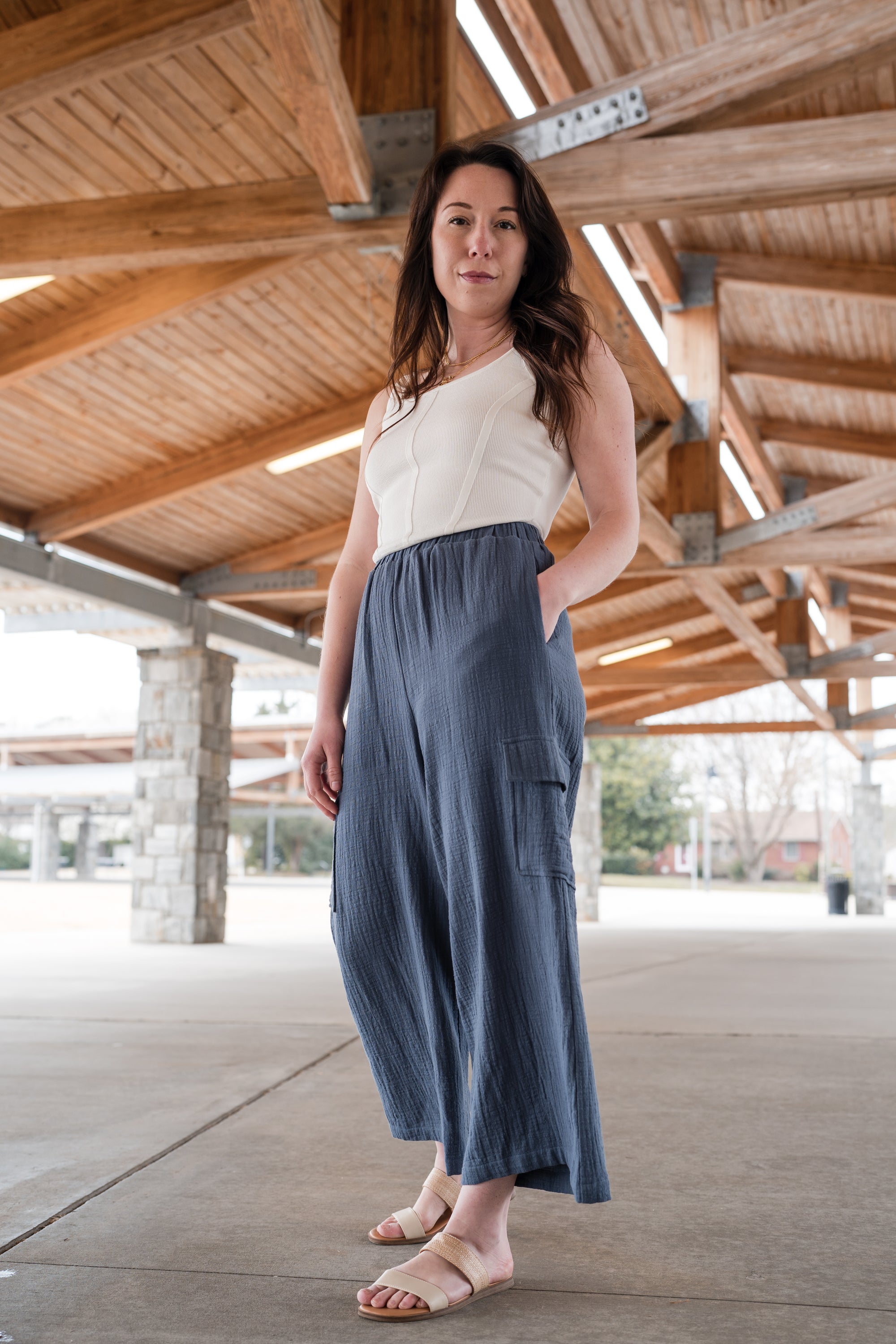 Wide Legged Gauze Bottoms With Pocket Detail