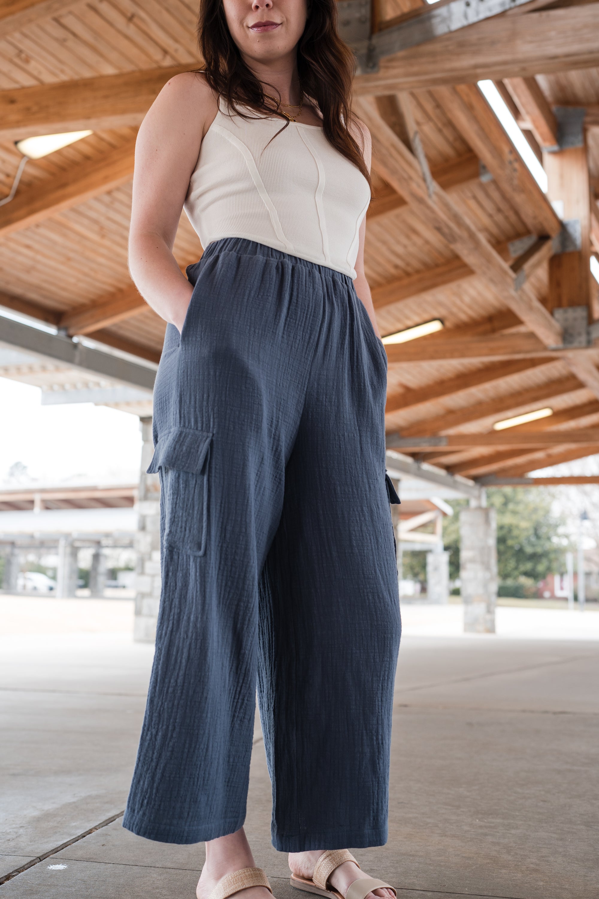 Wide Legged Gauze Bottoms With Pocket Detail