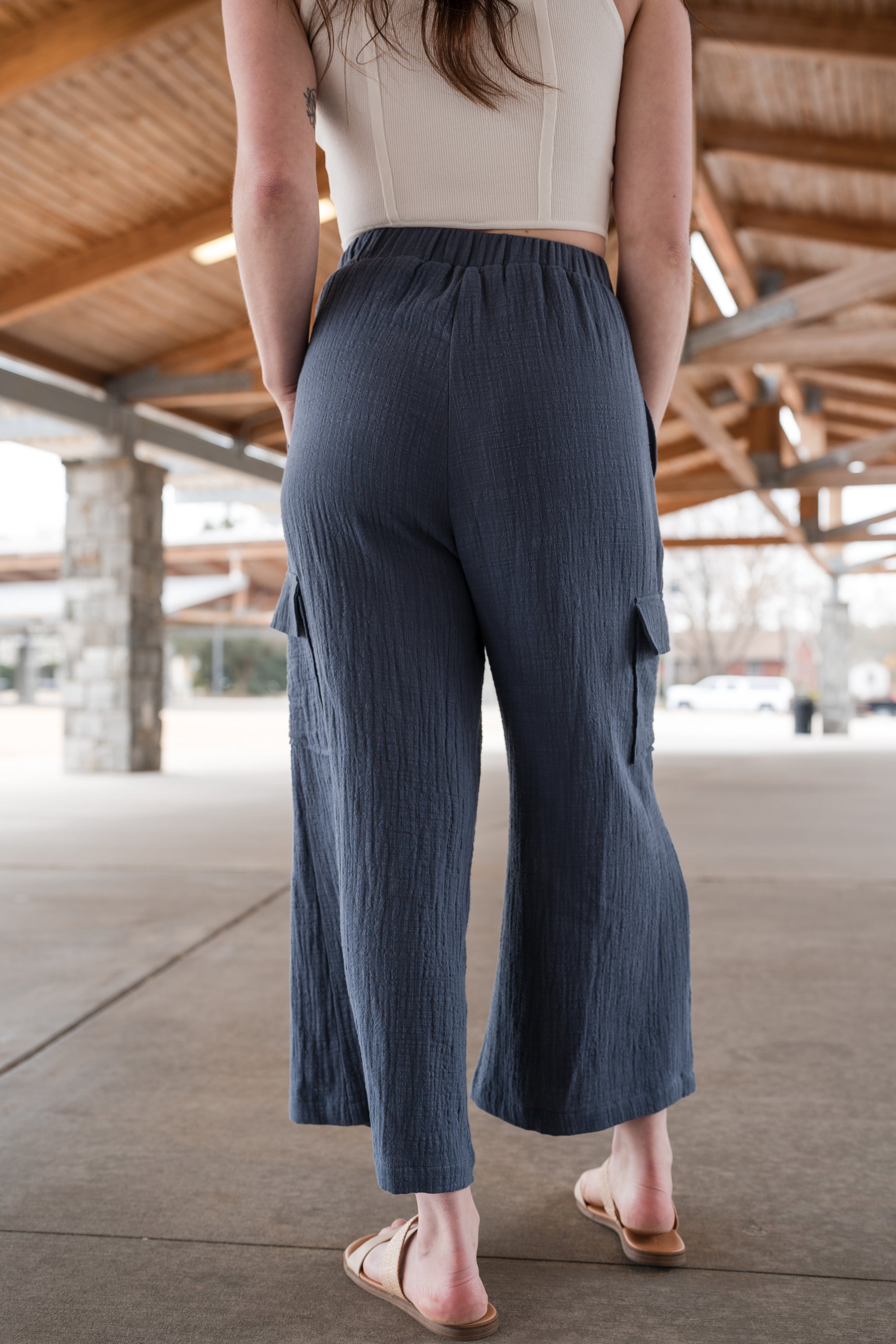 Wide Legged Gauze Bottoms With Pocket Detail