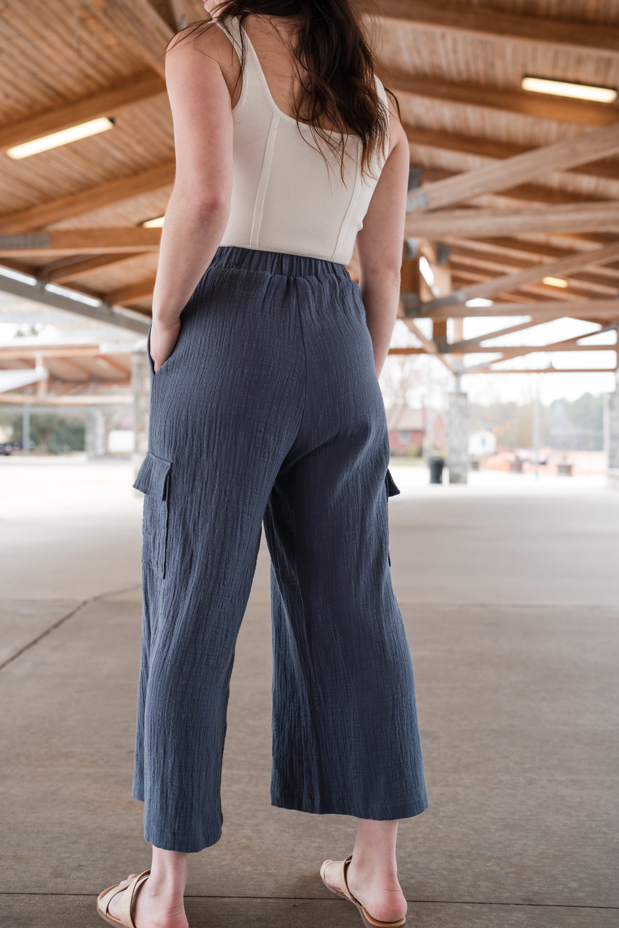 Wide Legged Gauze Bottoms With Pocket Detail