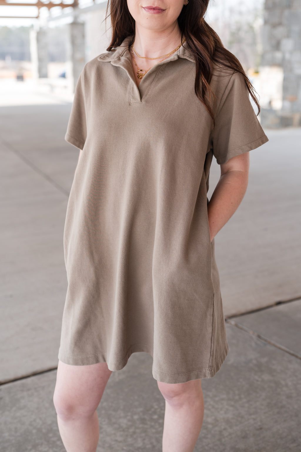Collared V-Neck Cotton Short Sleeve Dress