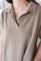 Collared V-Neck Cotton Short Sleeve Dress