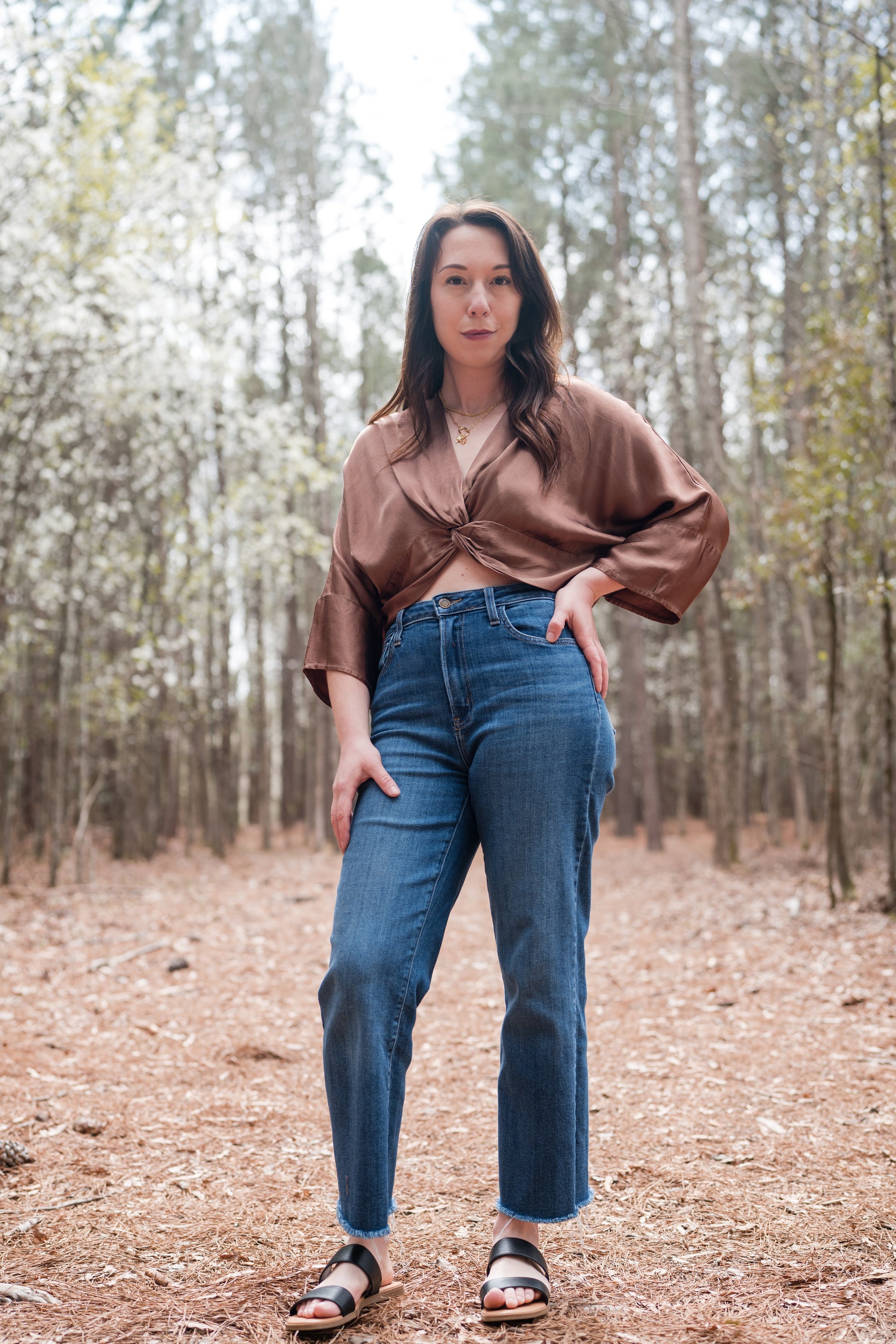 Front Knot Cropped Blouse in Chocolate