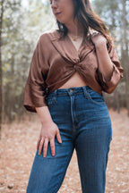 Front Knot Cropped Blouse in Chocolate
