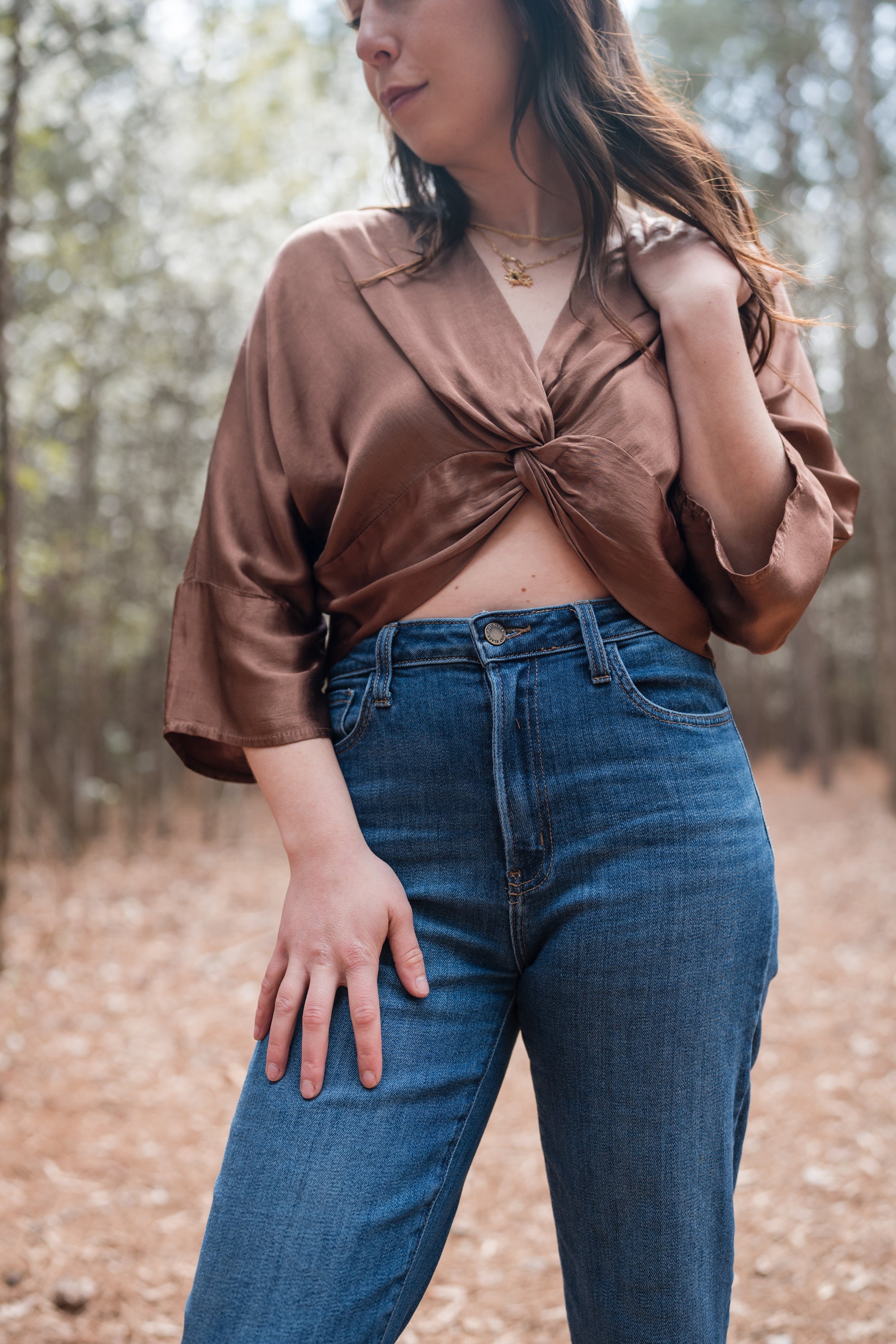 Front Knot Cropped Blouse in Chocolate
