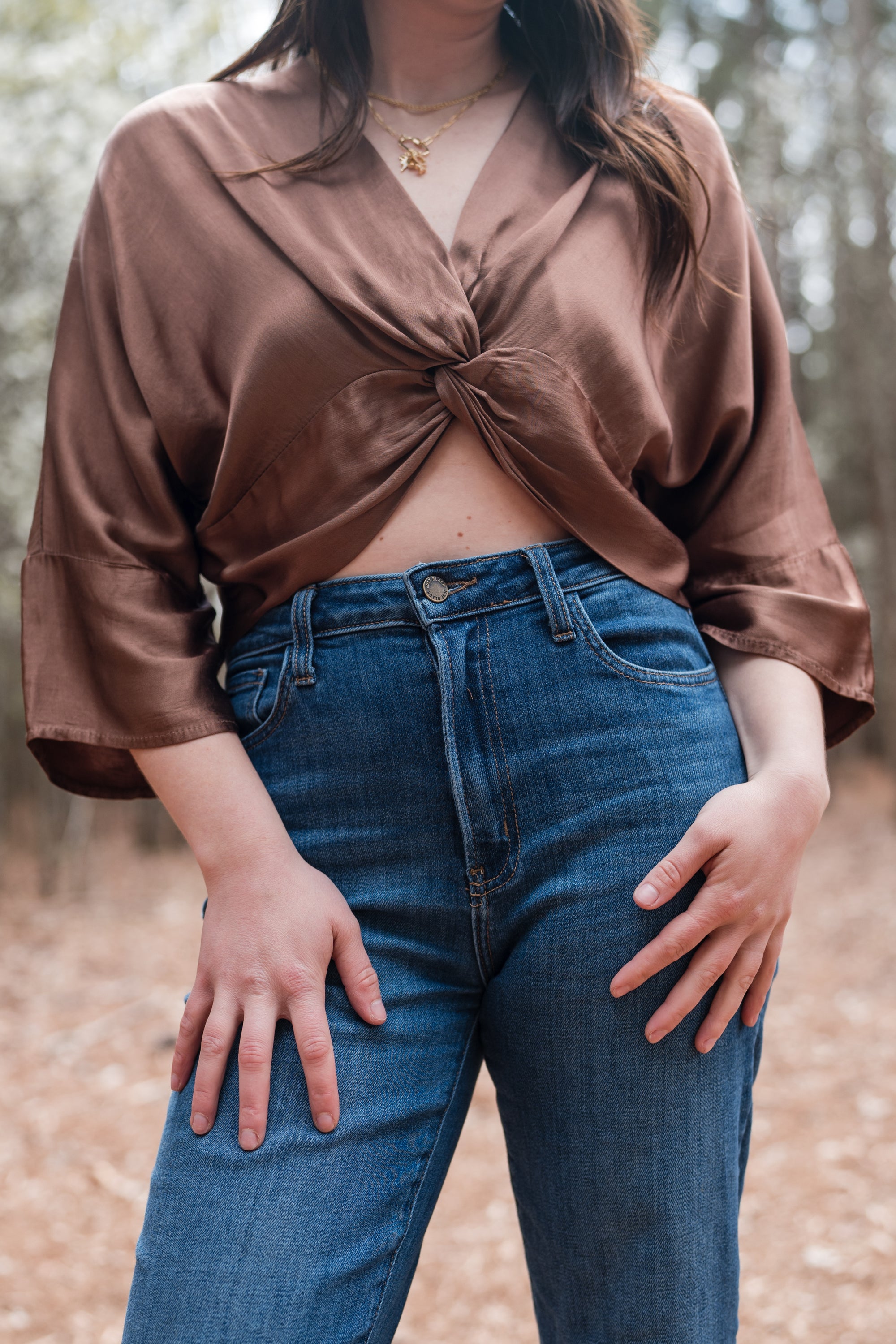 Front Knot Cropped Blouse in Chocolate