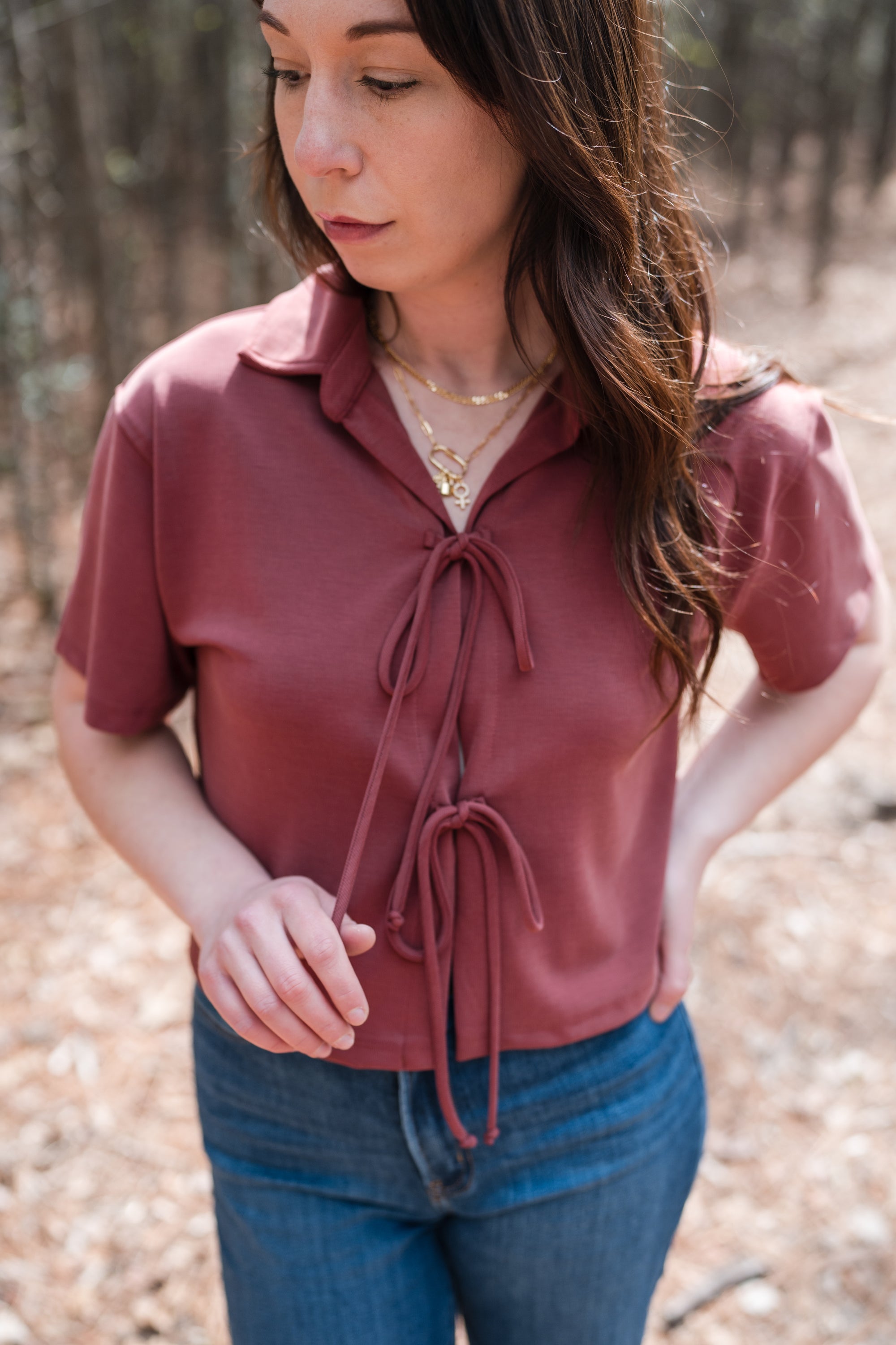 Tie-front Cropped Top in Brick Red