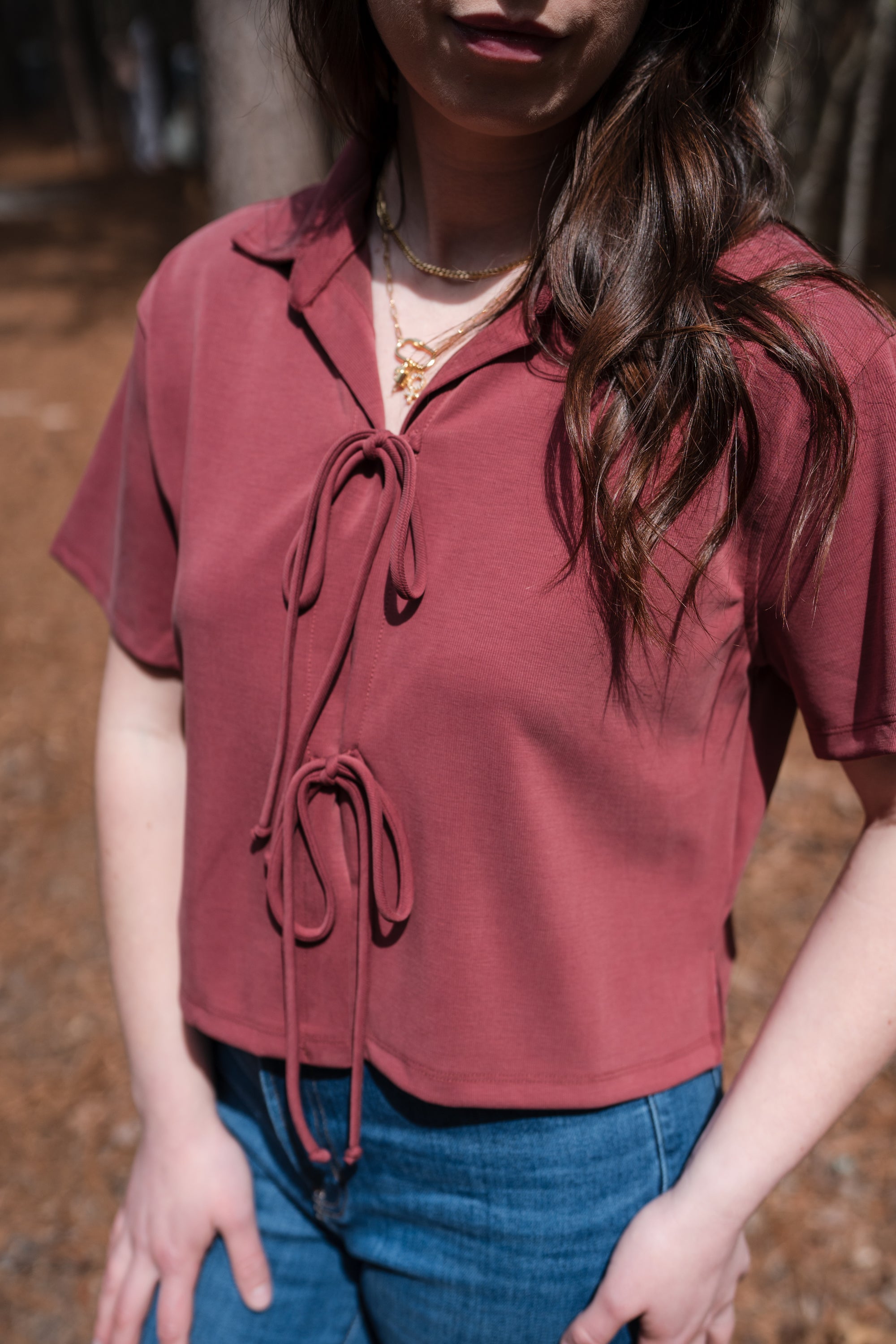 Tie-front Cropped Top in Brick Red