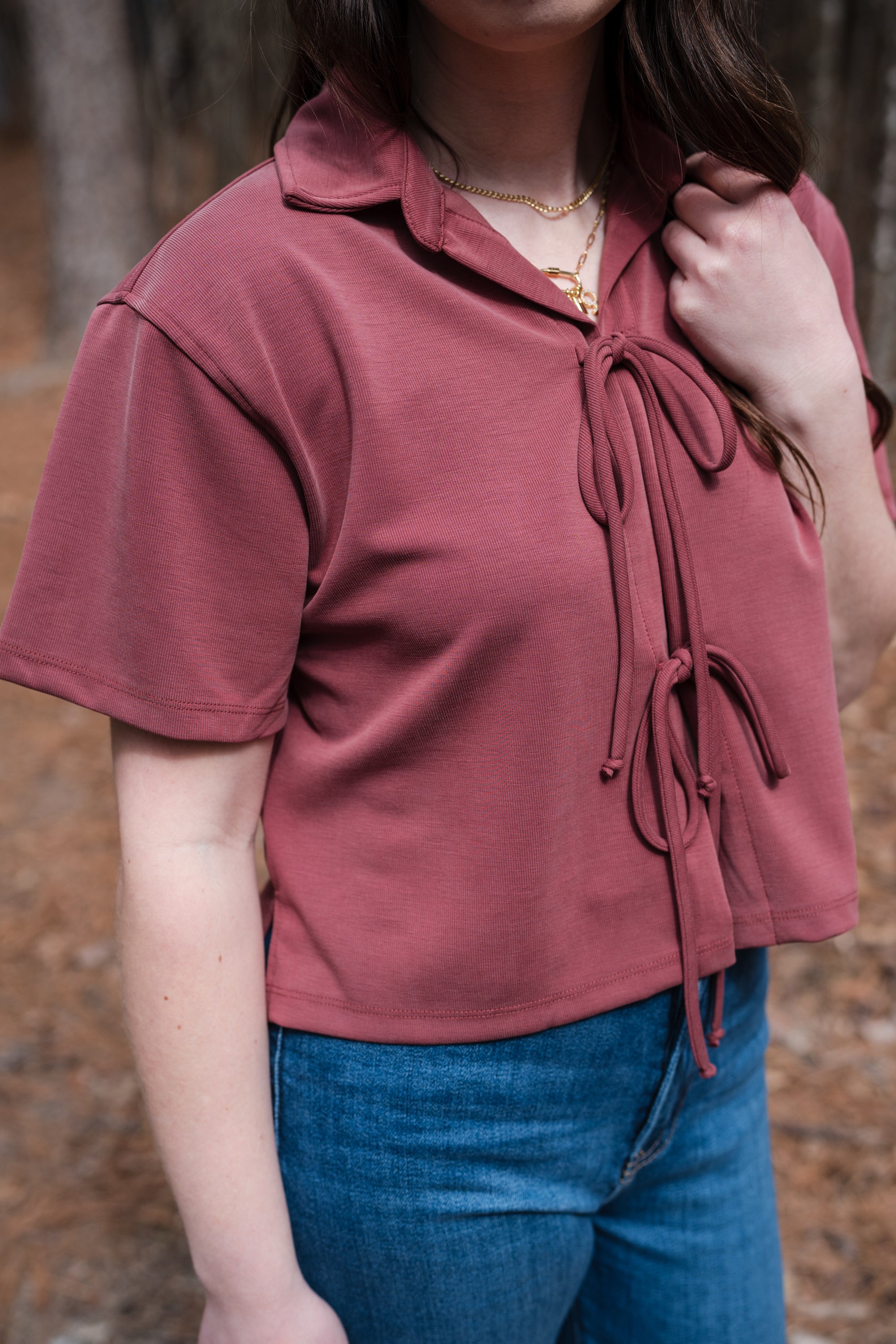 Tie-front Cropped Top in Brick Red