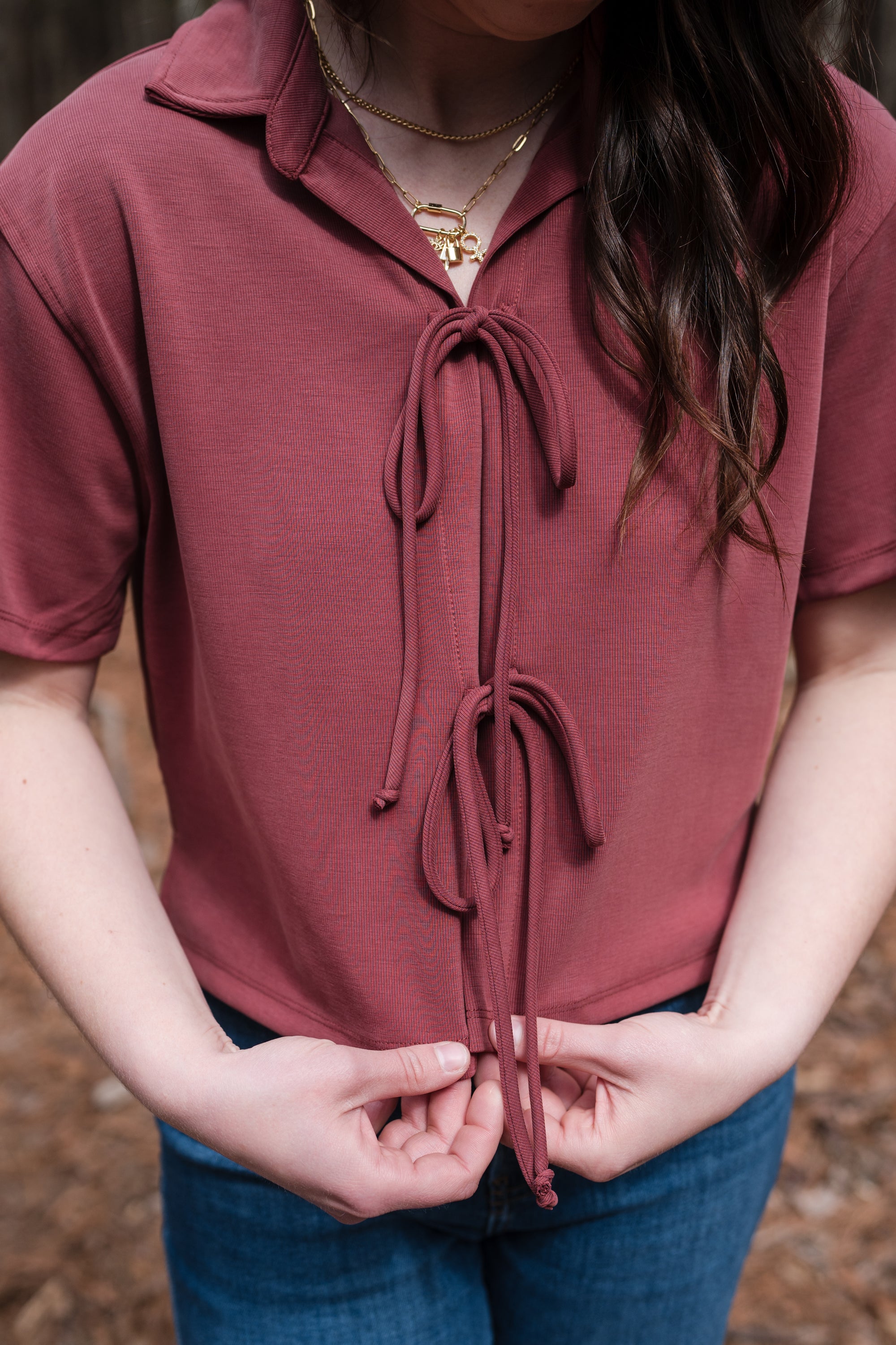 Tie-front Cropped Top in Brick Red