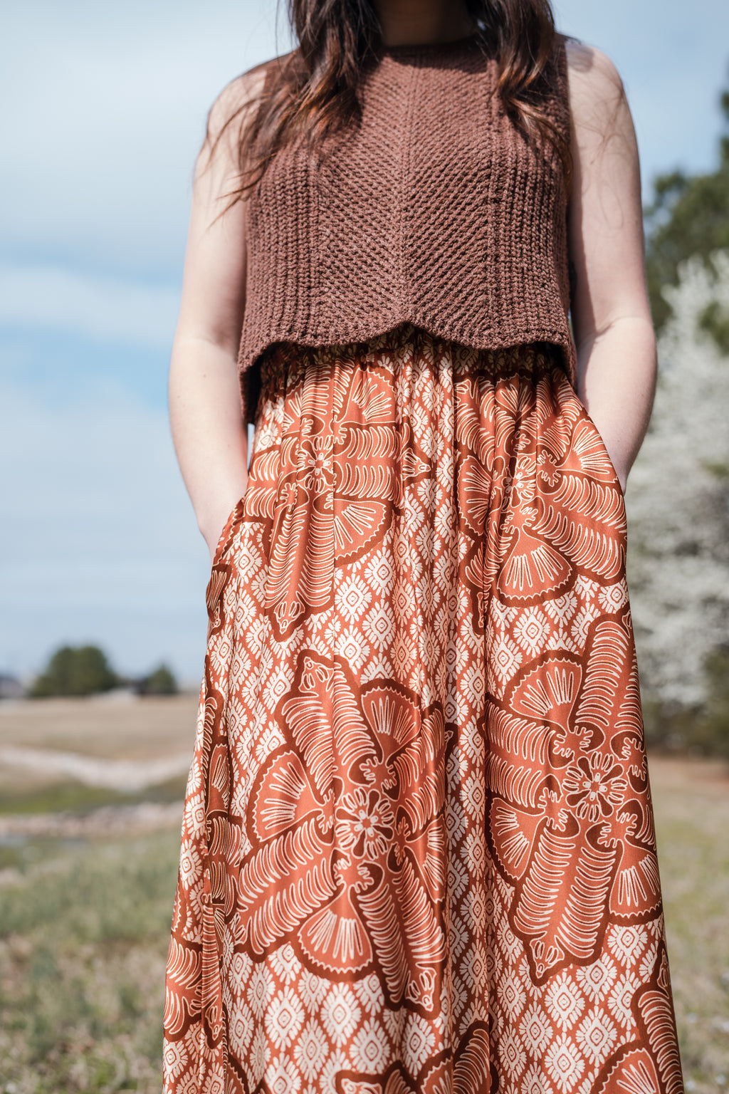Patterned Maxi Skirt in Burnt Orange