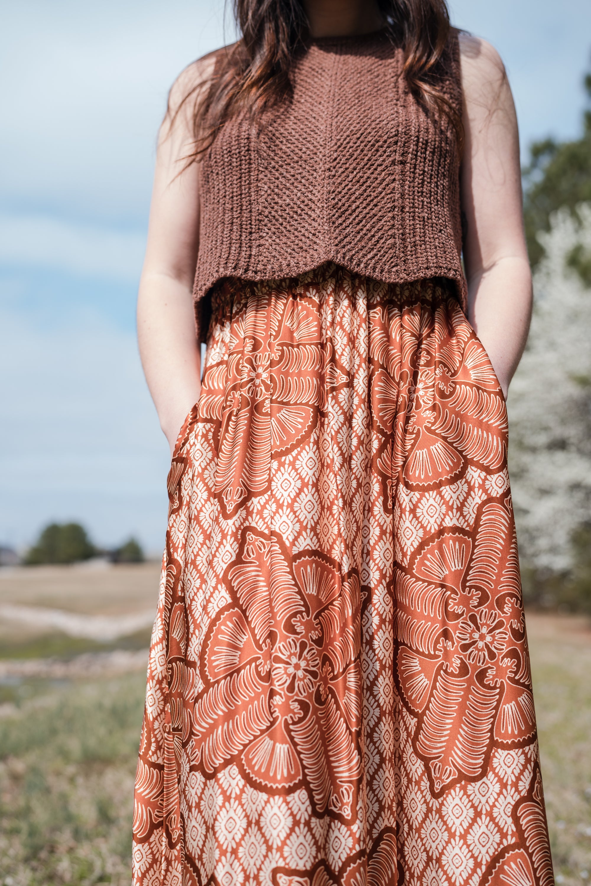 Patterned Maxi Skirt in Burnt Orange