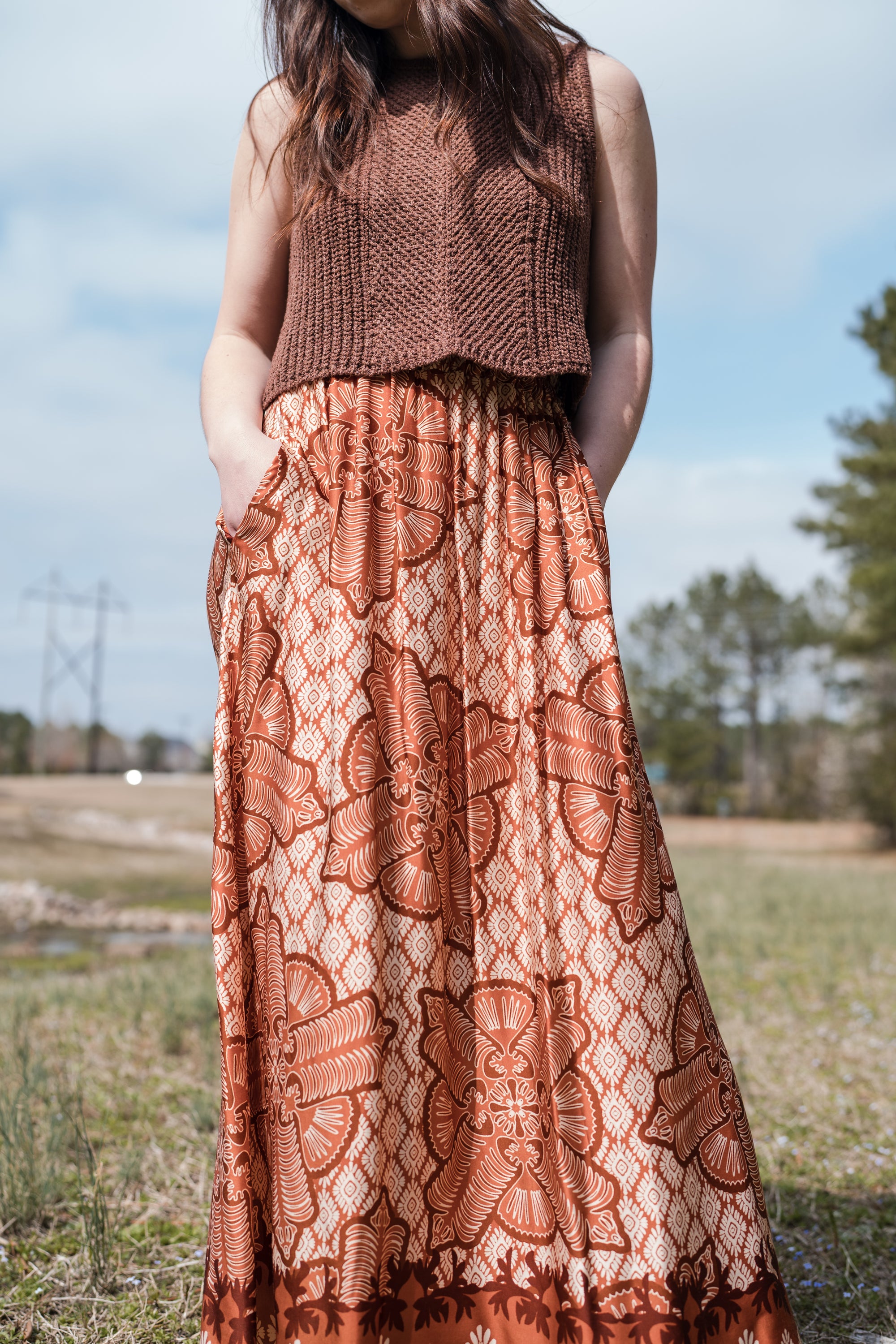 Patterned Maxi Skirt in Burnt Orange