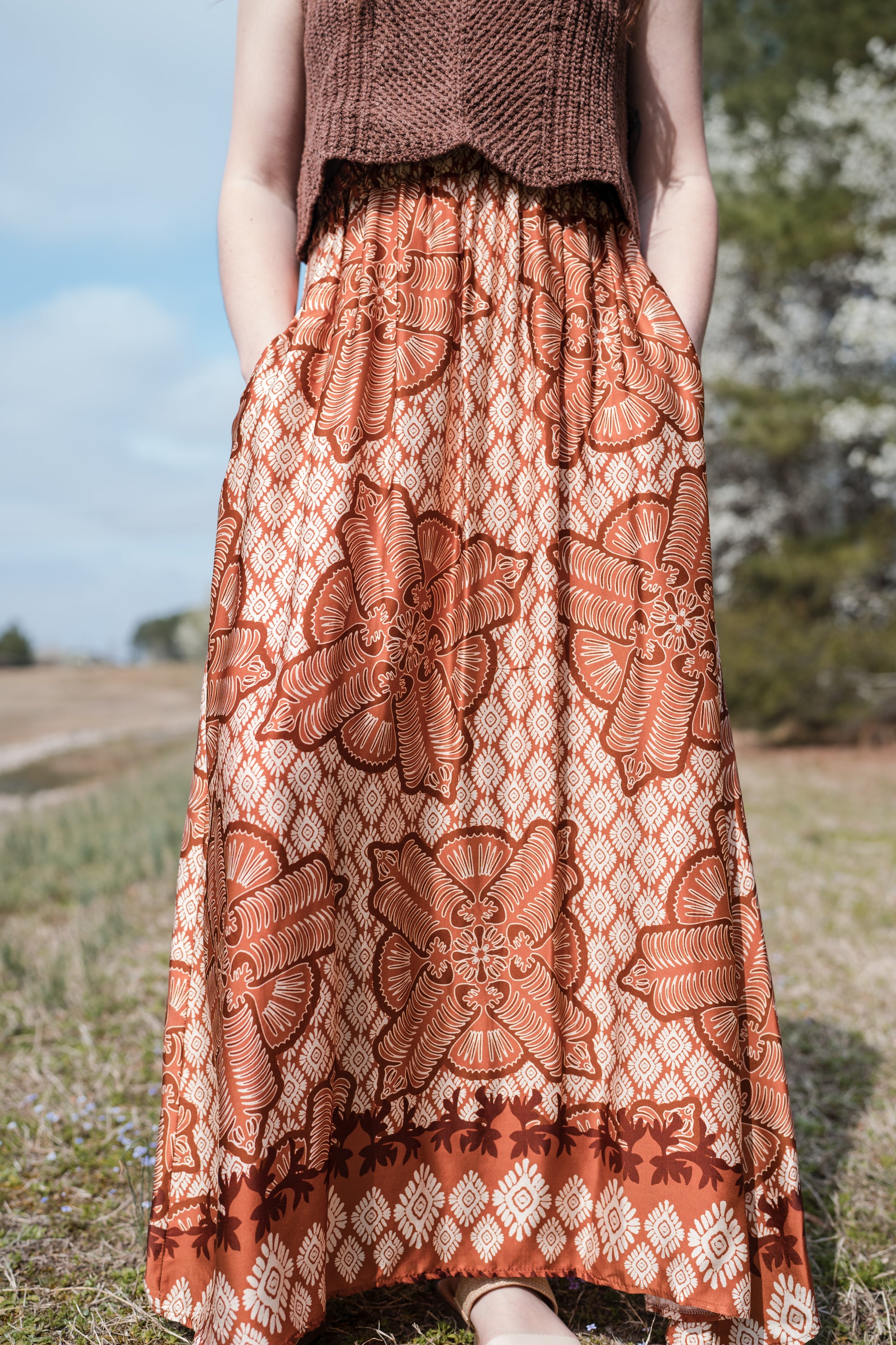 Patterned Maxi Skirt in Burnt Orange