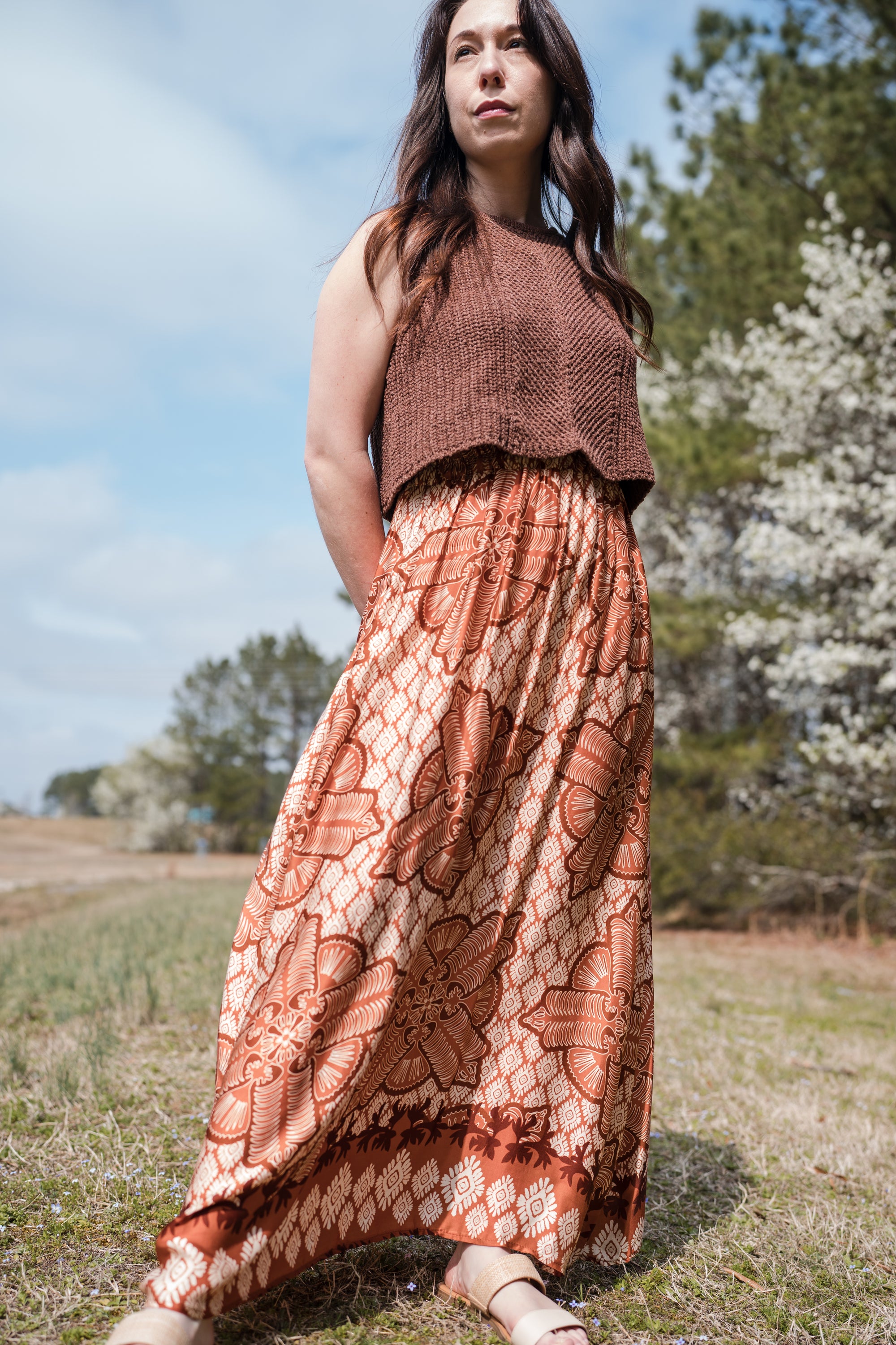 Patterned Maxi Skirt in Burnt Orange