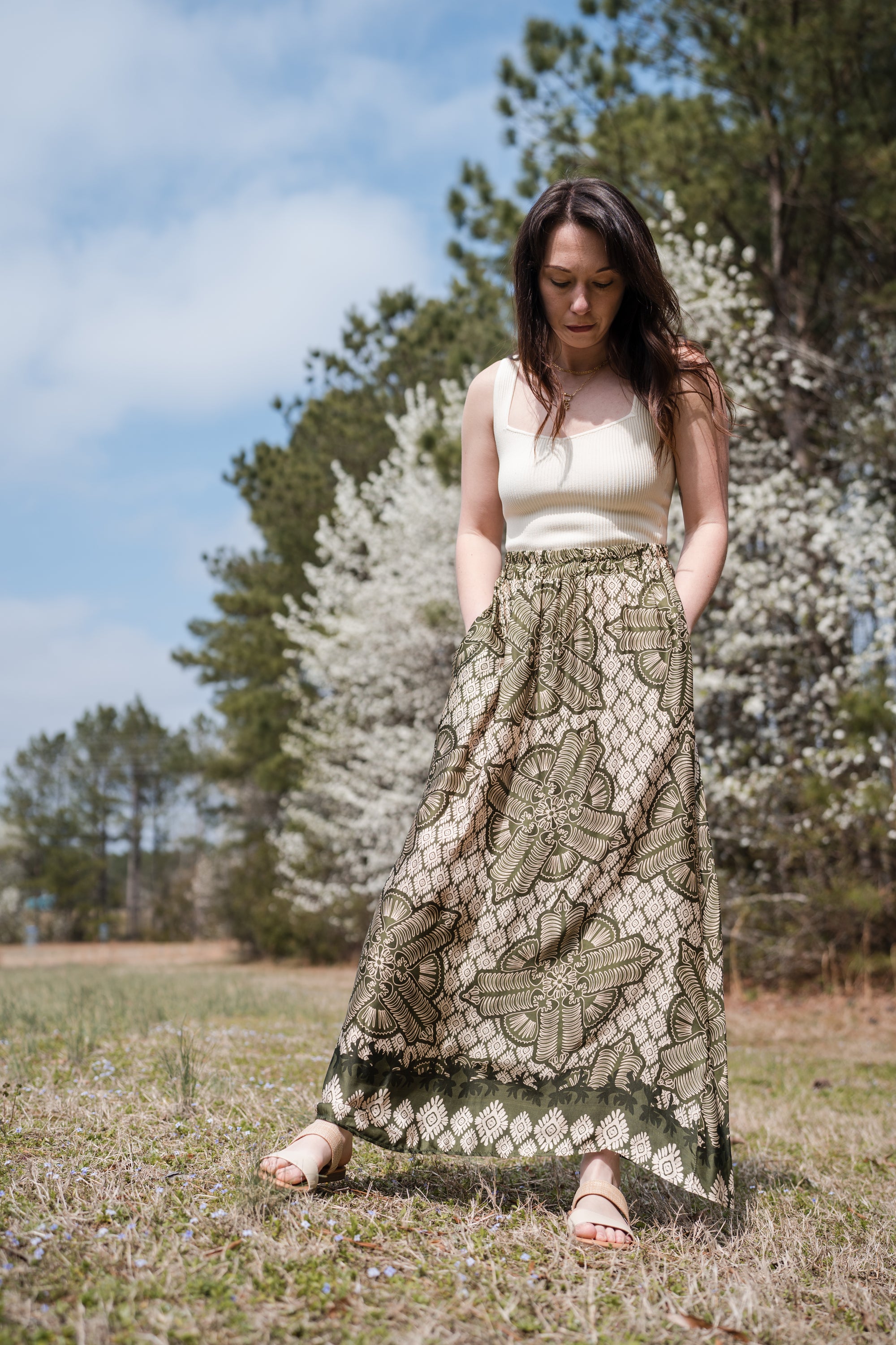 Patterned Maxi Skirt in Olive