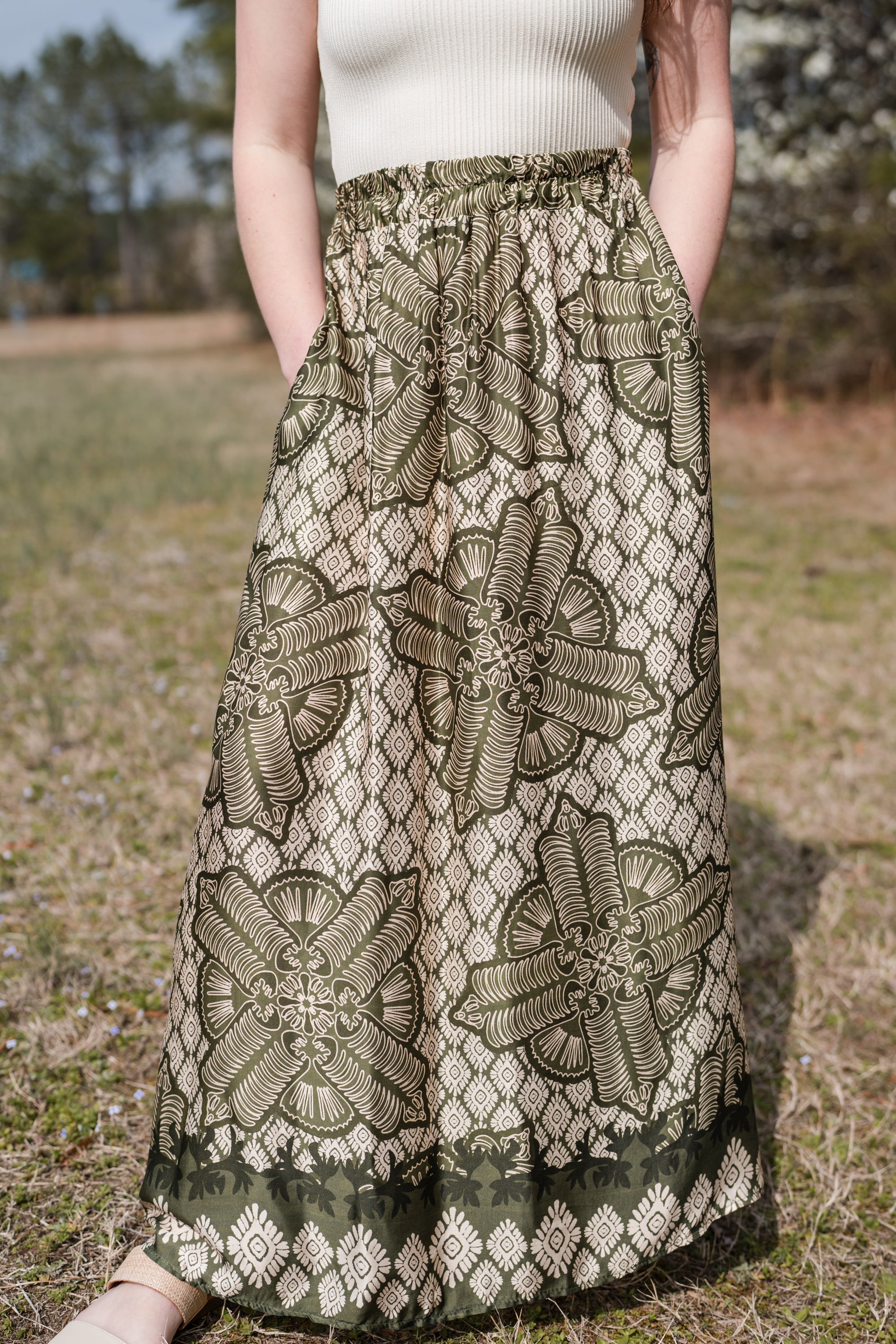 Patterned Maxi Skirt in Olive