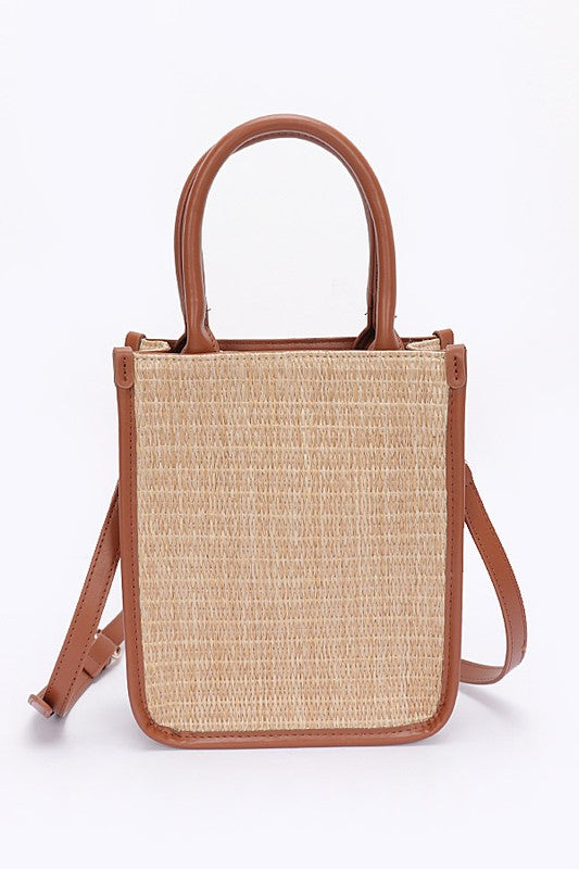 Tall Straw Bag with Faux Leather Detail