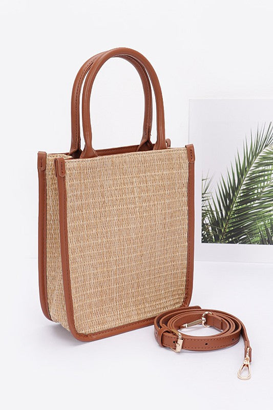 Tall Straw Bag with Faux Leather Detail